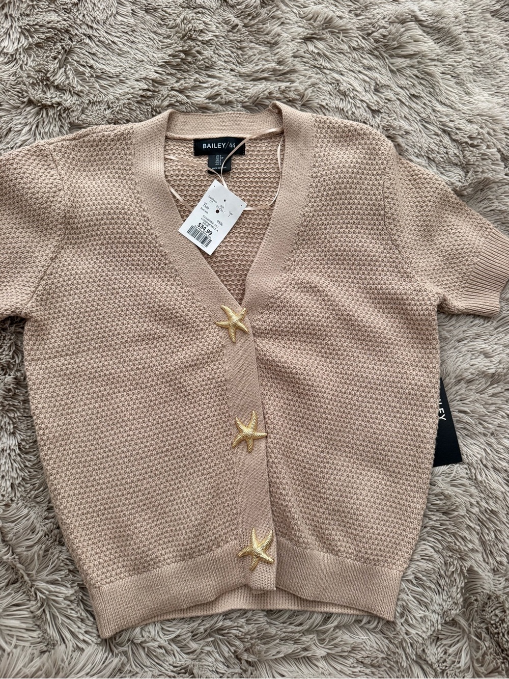 Bailey 44 Beige Short-Sleeve V-Neck Cardigan with Starfish Buttons